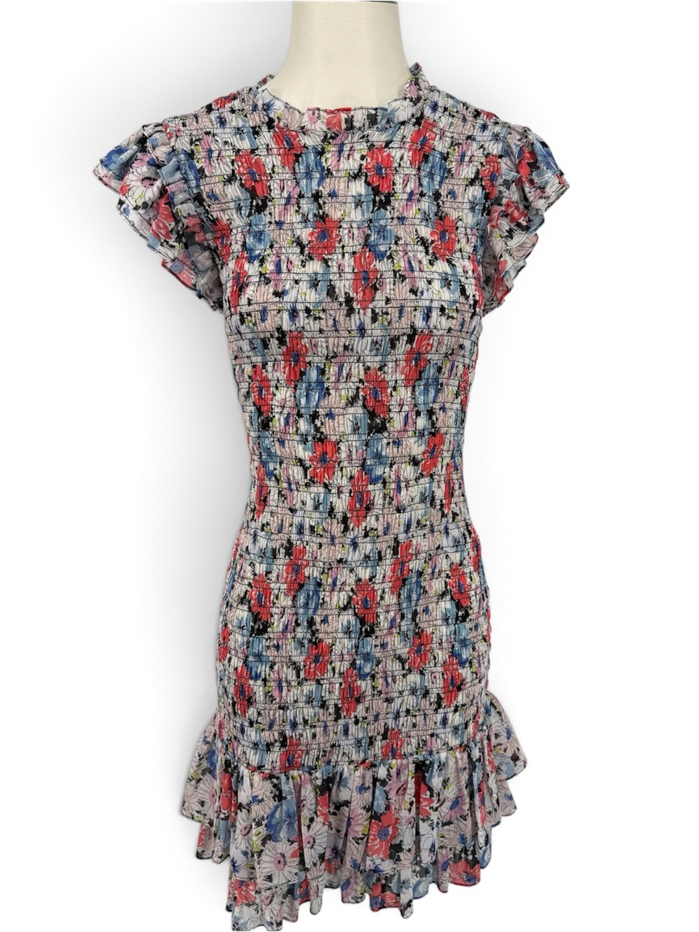 Veronica Beard Cinched Floral Ruffle Sleeve Mini Dress | Size Small
